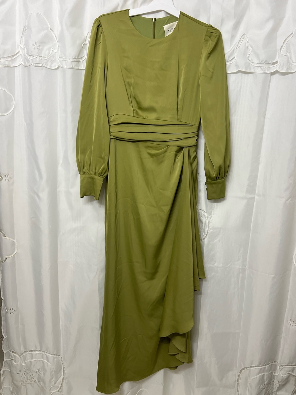 Veiled Collection Olive Satin Ruched Draped Maxi Dress Long Sleeve Modest